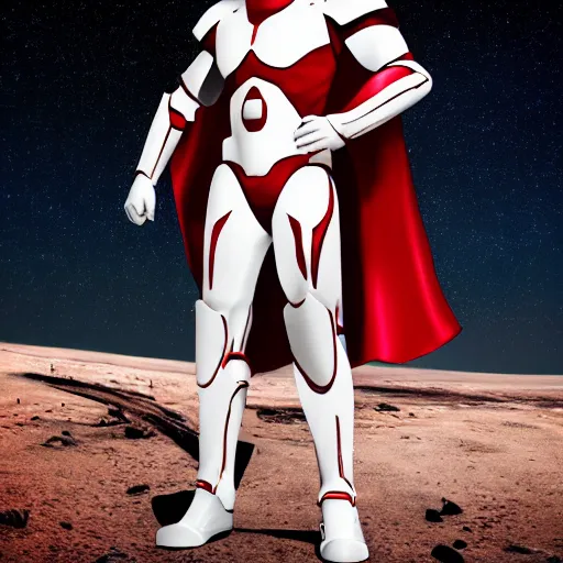 Image similar to tall muscular infantry man in glossy sleek white armor with a few red details and a long red cape, heroic posture, on the surface of mars, night time, dramatic lighting, cinematic, sci-fi, hyperrealistic, movie still