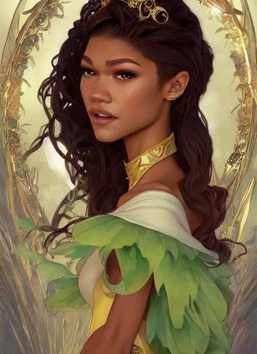 Image similar to beautiful zendaya as tiana princess disney, intricate, elegant. highly detailed, digital painting, artstation, concept art, smooth, sharp, focus, illustration, art by artgerm and greg rutkowski and alphonse mucha