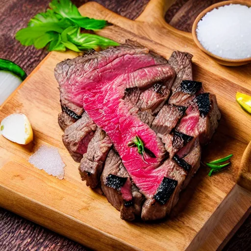 Image similar to juicy steak topped with salt on wooden board, fried onion on the side, 8 k resolution, professional food photography, studio lighting, sharp focus, center frame, hyper - detailed