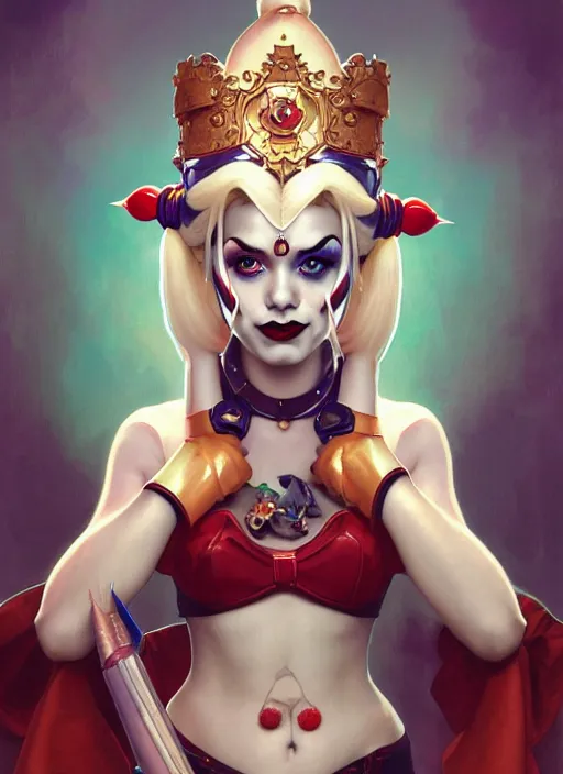 Image similar to harley quinn as a gnome queen, girl, masterpiece, intricate, elegant, highly detailed, my rendition, digital painting, artstation, concept art, smooth, sharp focus, illustration, art by artgerm and greg rutkowski and alphonse mucha and uang guangjian and gil elvgren and sachin teng, symmetry!!