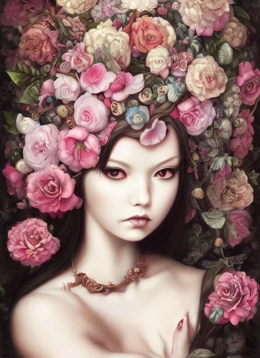 Image similar to pop surrealism, lowbrow art, realistic seductive cute woman painting, long hair, japanese shibari with flowers, hyper realism, muted colours, rococo, natalie shau, loreta lux, tom bagshaw, mark ryden, trevor brown style,