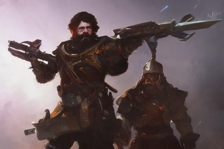 Prompt: this dwarven plasma gunner is holding a flintlock rifle charged by lightning by Greg Rutkowski