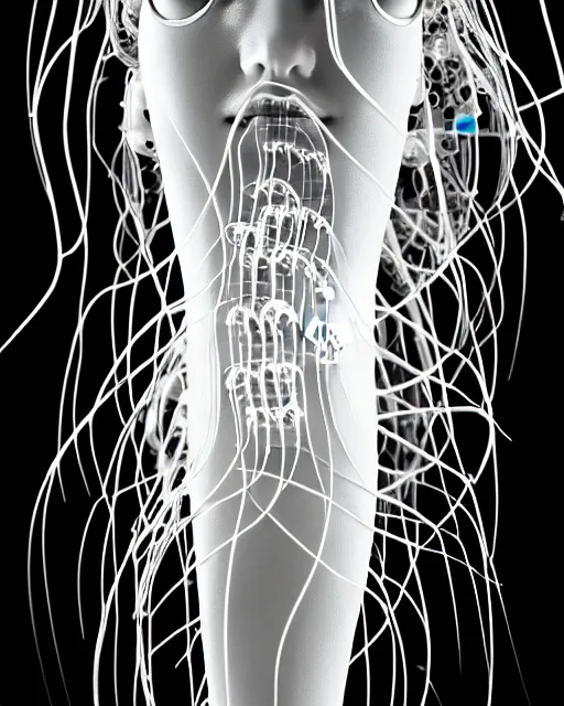 Prompt: black and white cyborg-jellyfish-plant goddess high quality photo, microchip, artificial intelligence, bio-mechanical bio-luminescence, black wired cables, neurons, nerve cells, octane render, cinematic, rim light, hyper realism, photo-realistic, high detail, 8k, masterpiece, high fashion, in the style of Steven Meisel and Dora Maar and H.G. Giger