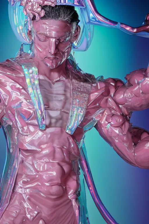 Image similar to hyper detailed ultra sharp fullbody photo of baroque and cyberpunk transparent pink ceramic sculpture of a muscular seductive muscular italian guido feeling muy cachondo, muy dotado, iridescent humanoid deity wearing pink plastic seethrough cloak, holding a rainbow tiger gem, blue diamond, glowing pink face, crown of white diamonds, cinematic lighting, photorealistic, octane render 8 k