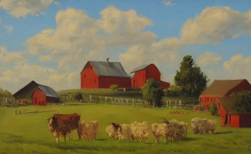 Image similar to oil painting of a beautiful farm in the style of gustave baumann