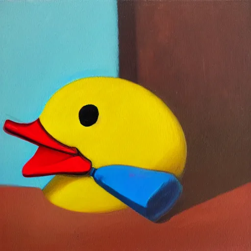 Image similar to yellow duck holding a knife, oil painting