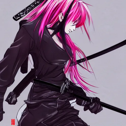 Prompt: An anime girl with pink hair, holding a katana, in samurai outfit, drawn by Yoji Shinkawa, highly detailed, trending on art station, sci-fi themed, dynamic posing