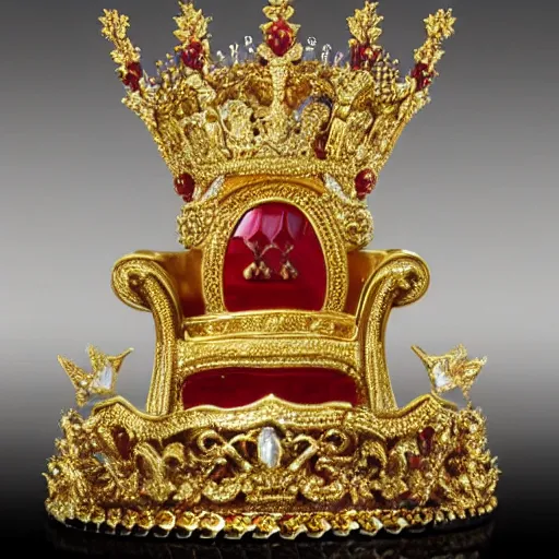 Prompt: a real duck king sitting on a gold throne decorated with many rubies and diamonds, detailed duck, duck king is wearing a gold crown and gold necklace, super realistic, 8k