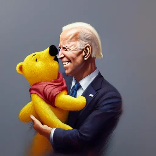 Prompt: Joe Biden holding Winnie the Pooh. Highly detailed painting Greg rutkowski. Good clear quality, high detail, octagon render 8k