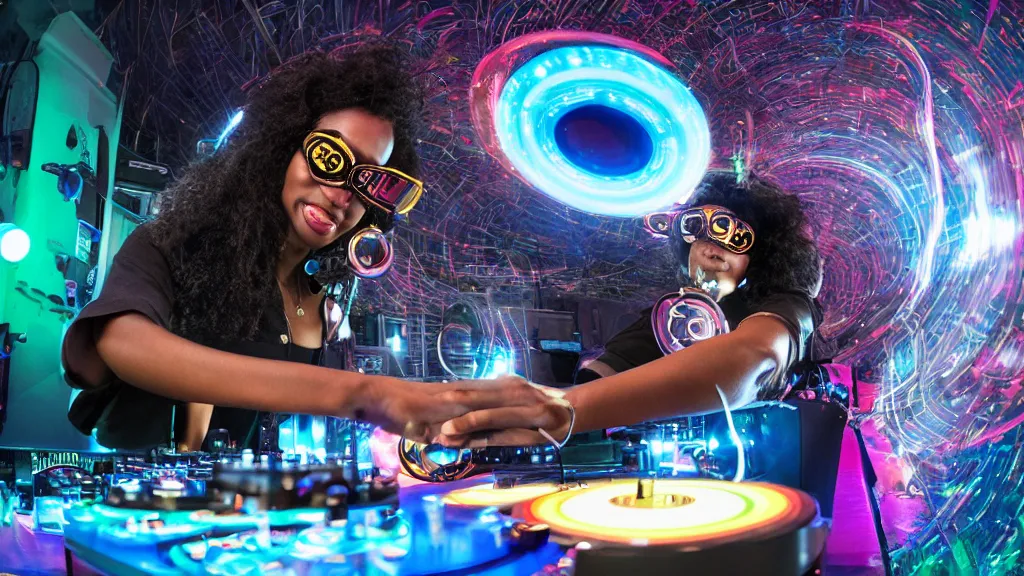 Image similar to a black woman wearing goggles and visor and headphones using an intricate clockwork record player turntable contraption, robot arms, computer screens, turntablism dj scratching, intricate planetary gears, cinematic, sharp focus, led light strips, bokeh, iridescent, black light, fog machine, hazy, lasers, spotlights, light trails, hyper color photograph