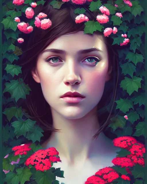 Image similar to stylized portrait of an artistic pose, composition, young lady sorrounded by nature, cinematic moody colors, ivy, flowers, one single head, realistic shaded, fine details, realistic shaded lighting poster by ilya kuvshinov, magali villeneuve, artgerm, jeremy lipkin and michael garmash and rob rey