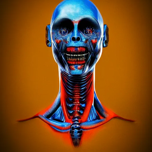 Image similar to anatomically correct diagram of 4 legged alien, hyperrealistic rendering, h. r. giger, perfection, red and blue, smoke in air, monster, scary, beautiful, high detail, cinematic