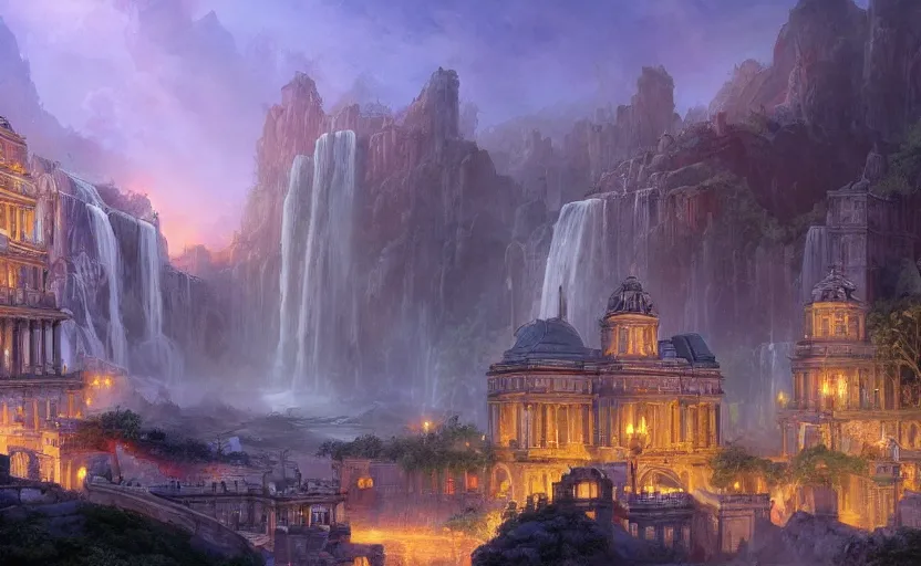 Image similar to epic landscape of a fantasy city with marble buildings and waterfalls at dusk, ambient lights, artwork by brom and rutowski