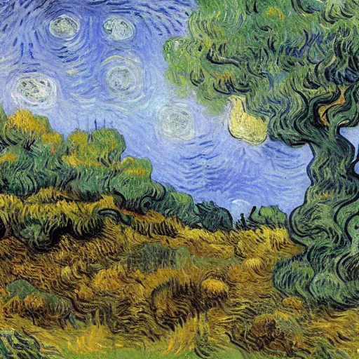 Image similar to painting of a lush natural scene on an alien planet by vincent van gogh. beautiful landscape. weird vegetation. cliffs and water.