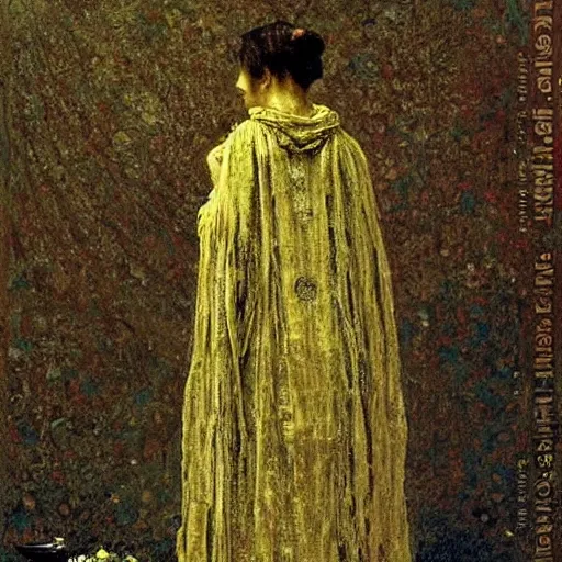 Image similar to A body art. A rip in spacetime. Did this device in her hand open a portal to another dimension or reality?! linen, lemon chiffon by John Atkinson Grimshaw chaotic, turbulent