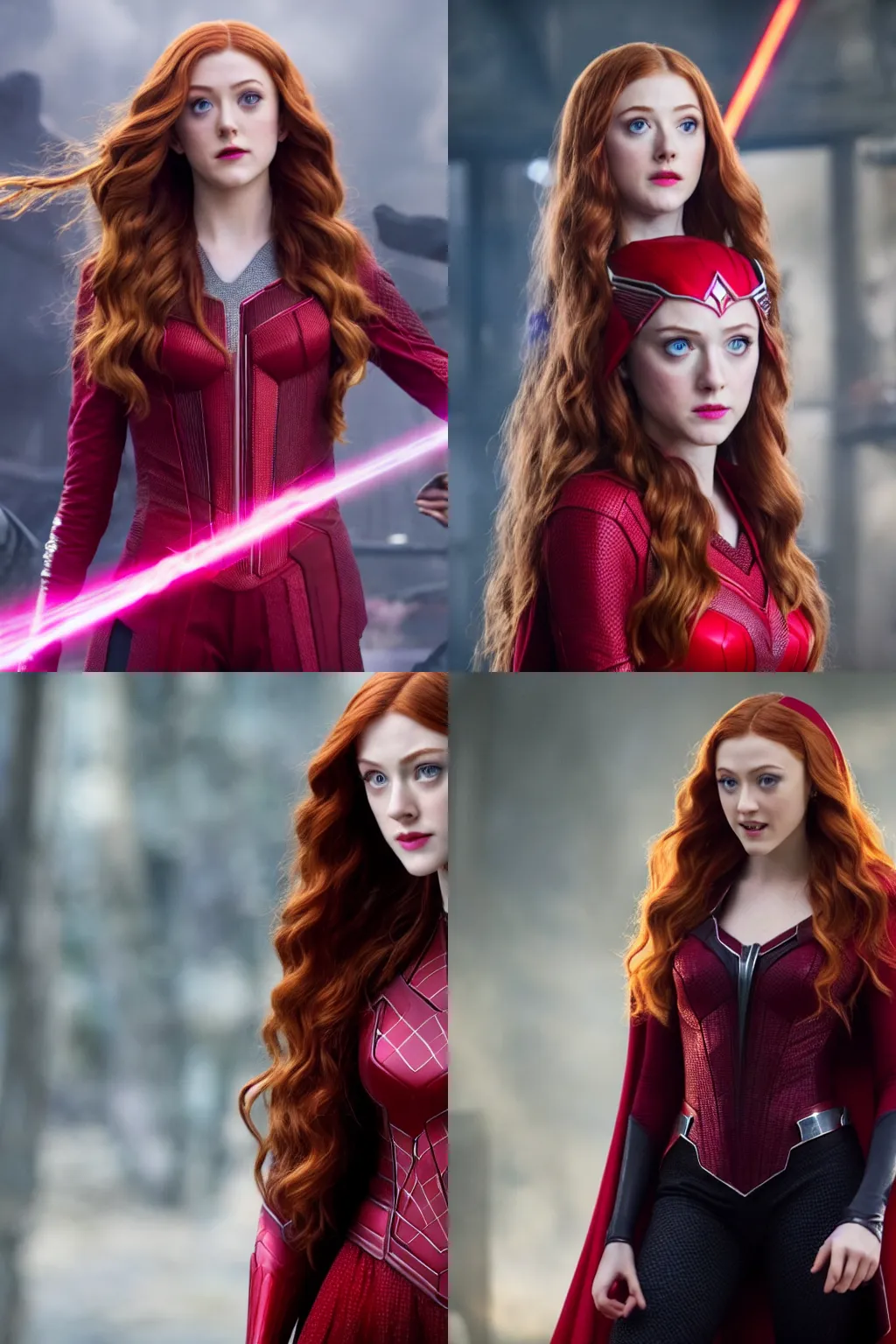 Prompt: Katherine McNamara as the Scarlet Witch, Ultra HD, TV, Fiction