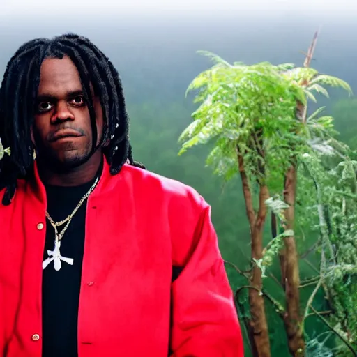 Image similar to the rapper chief keef wearing a red jacket and standing in the garden of eden, cinematic, landscape painting, beautiful