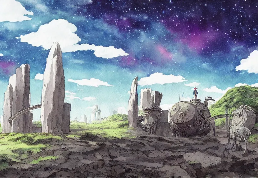 Prompt: a hyperrealist watercolor concept art from a studio ghibli film showing a giant grey mechanized prehistoric creature from howl's moving castle ( 2 0 0 4 ). stonehenge is under construction in the background, in the rainforest on a misty and starry night. by studio ghibli. very dull muted colors