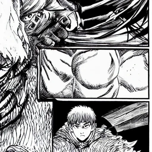 Prompt: guts killing griffith in berserk manga, black and white