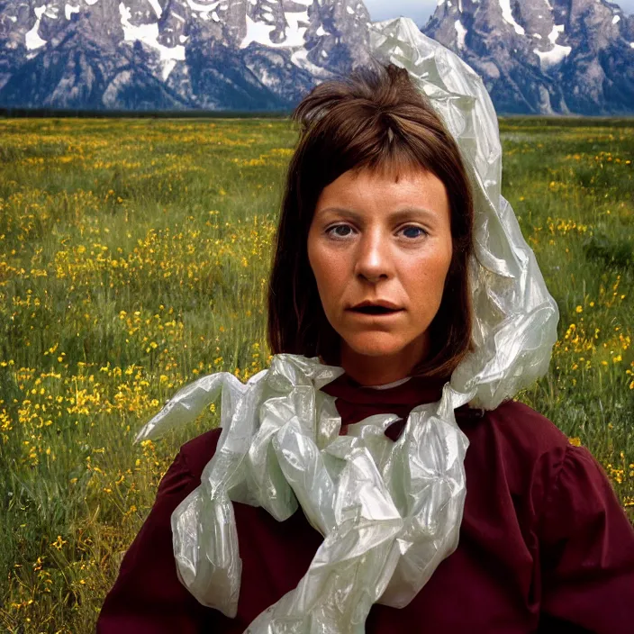 Image similar to a color photograph, closeup portrait of a woman wrapped in plastic, in grand teton national park in wyoming, color photograph, by vincent desiderio, canon eos c 3 0 0, ƒ 1. 8, 3 5 mm, 8 k, medium - format print