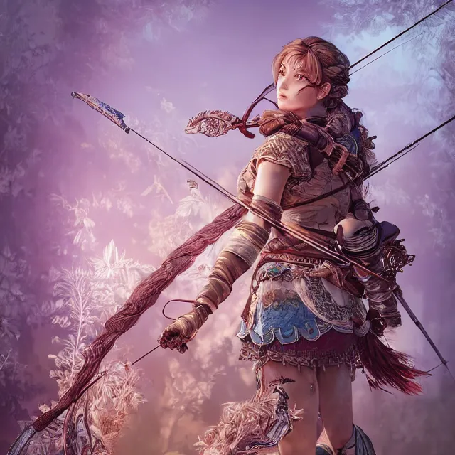 Image similar to the portrait of lawful neutral semi - colorful female archer huntress as absurdly beautiful, gorgeous, elegant, young girl, an ultrafine hyperdetailed illustration by kim jung gi, irakli nadar, intricate linework, bright colors, octopath traveler, final fantasy, unreal engine 5 highly rendered, global illumination, radiant light, detailed and intricate environment