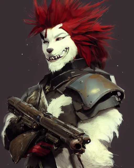 Prompt: beautiful portrait of a handsome black male anthropomorphic wolf fursona red hair, long red hair wearing destiny 2 armor and holding a sniper rifle. character design by cory loftis, fenghua zhong, ryohei hase, ismail inceoglu and ruan jia. artstation, volumetric light, highly detailed, photorealistic, fantasy, rendered in octane