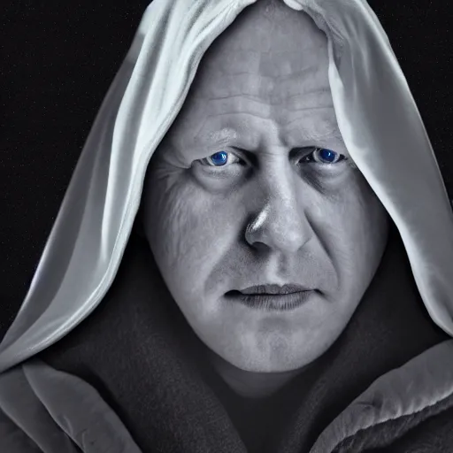 Prompt: A photo of ((Boris Johnson)) as Emperor Palpatine, hooded, ashy, cinematic lighting, f 2.5