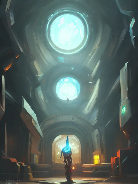 Prompt: sci fi environment concept art featuring a shield enchanted with energy, weapon shop interior, legendary item, shelf, fantasy, trending on artstation, stylistic, brush strokes, oil, canvas, by kawacy and makoto shinkai