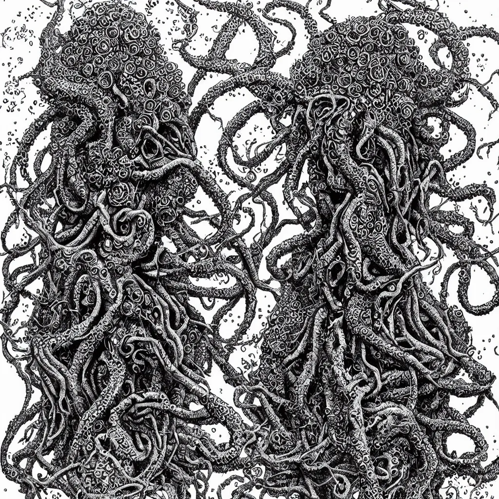 Prompt: portrait of Cthulhu by Dan Hillier, intricate, lovecraftian, black and white and gold