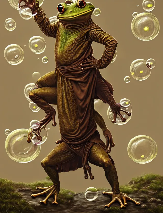 Prompt: anthropomorphic bipedal frog that is dressed as a renaissance fighter, as a matte oil painting and d & d character art, by alex grey, standing, fullbody, floating bubbles, mystic, fog, fractals, spirals, concept art, award - winning, extremely detailed, sharp focus