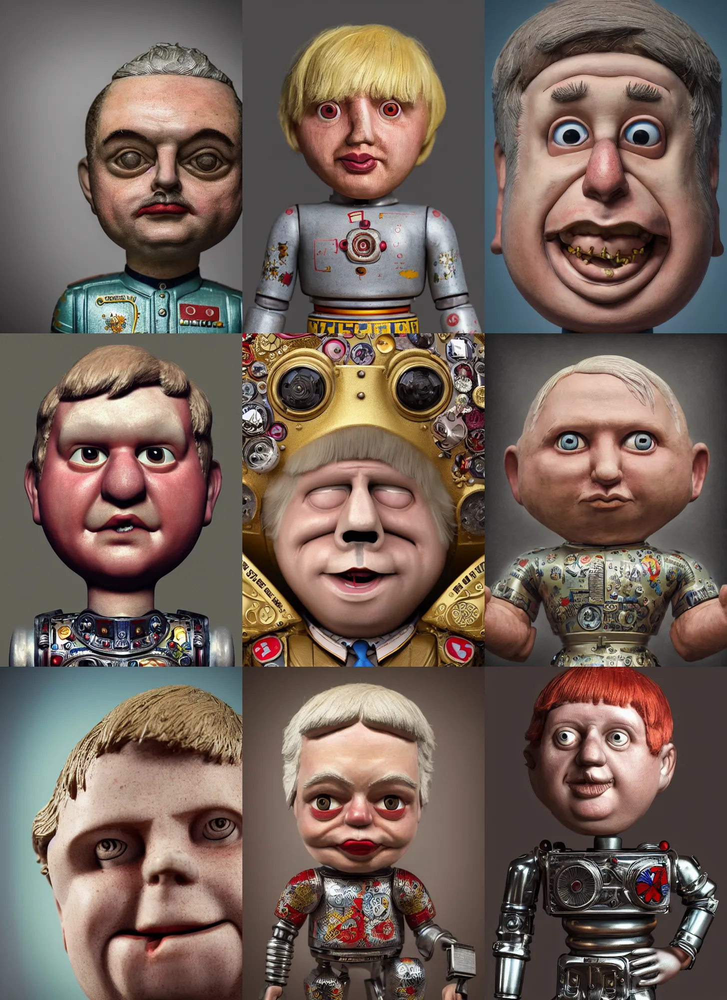 Prompt: closeup portrait of a tin toy boris johnson, depth of field, zeiss lens, detailed, symmetrical, centered, fashion photoshoot, by nicoletta ceccoli, mark ryden, lostfish, earl nore, hyung tae, frank frazetta, breathtaking, 8 k resolution, extremely detailed, beautiful, establishing shot, artistic, hyperrealistic, octane render