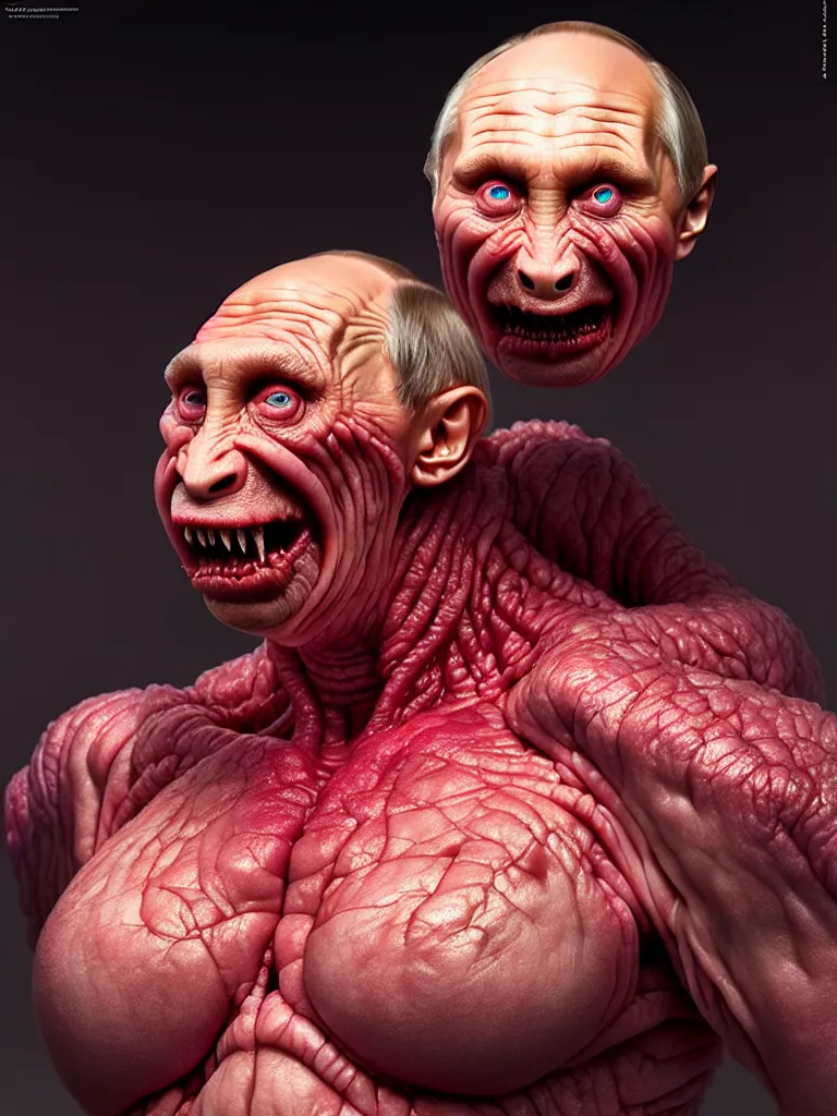 Prompt: hyperrealistic rendering, fat smooth cronenberg flesh monster vladimir putin by donato giancola and greg rutkowski and wayne barlow and zdzisław beksinski, eyeballs, product photography, action figure, sofubi, studio lighting, colored gels, colored background