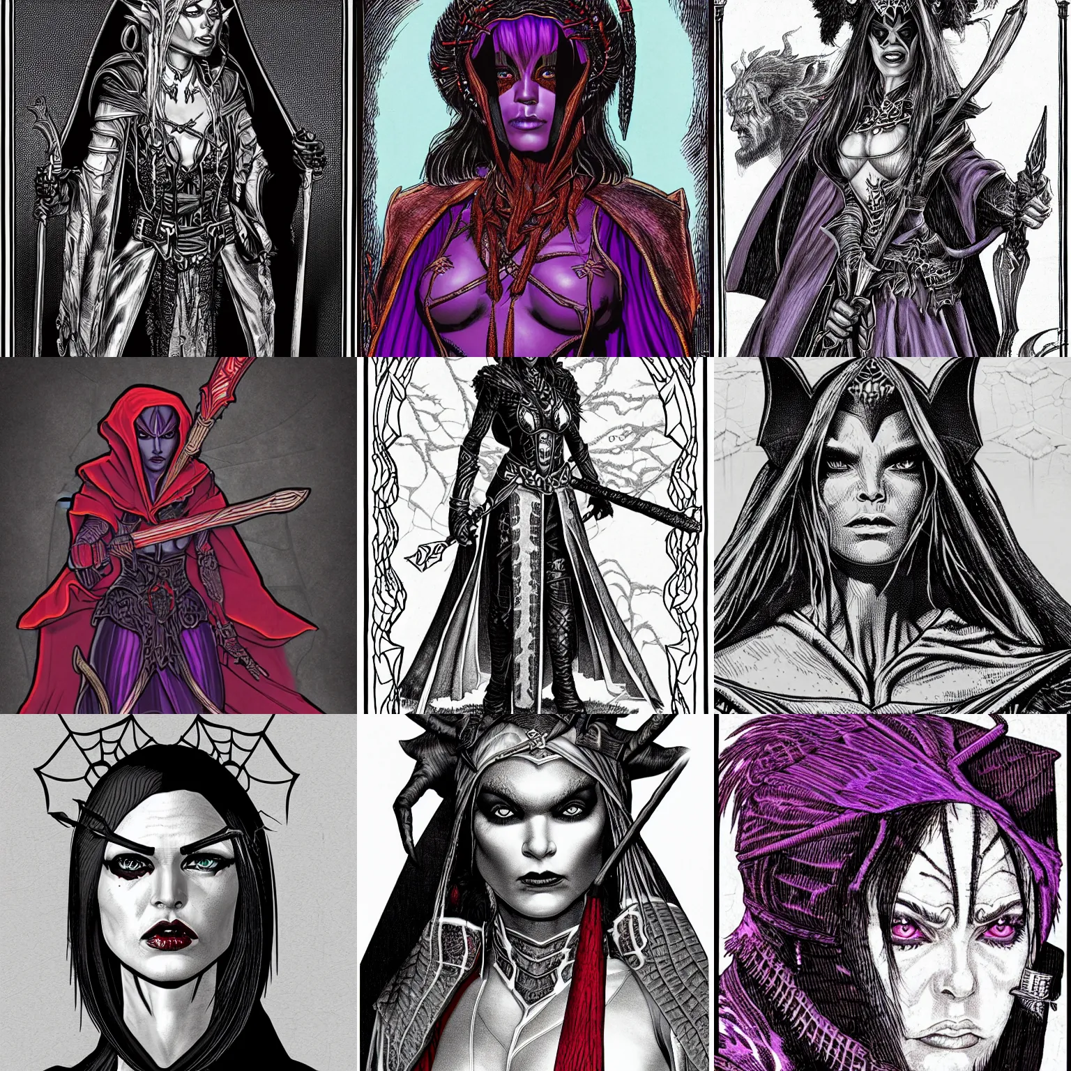 Prompt: a detailed hedcut character portrait of a dark elf woman, fantasy, long purple cloak with a red interior, a black quarterstaff known as a spider staff