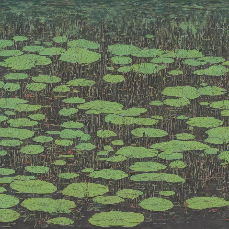 Prompt: Artwork illustrating a large swamp full of withered lotus plants.