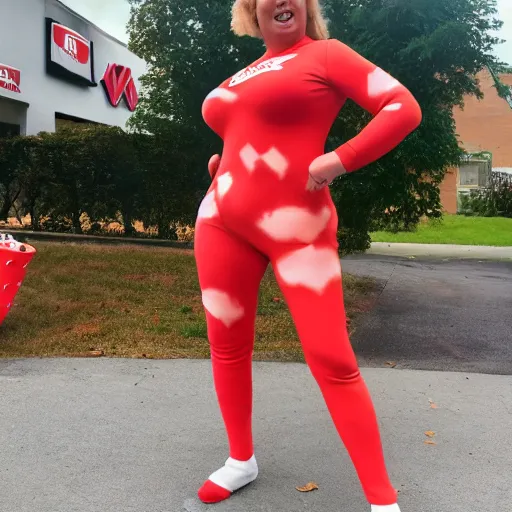 Image similar to woman in a tight KFC themed morph suit