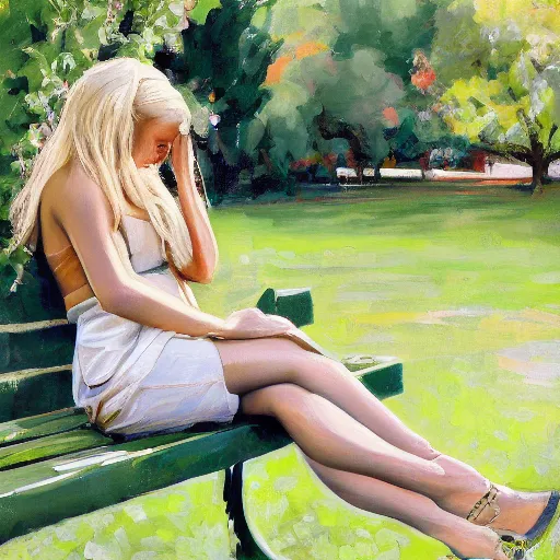 Prompt: a painting of a young woman with long blond hair sitting on a green bench with her head in her hands, steve henderson