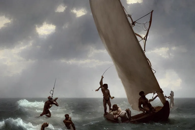 Image similar to ancient historically accurate depiction of Bible Character walking on water during a storm, a small fishing sailboat with scared sailors on board, dramatic lighting by frank miller, illustration by Ruan Jia and Mandy Jurgens and William-Adolphe Bouguereau, Artgerm, 4k, digital art, surreal, space dandy style, highly detailed, godsend, artstation, digital painting, concept art, smooth, sharp focus, illustration by Ruan Jia and Mandy Jurgens and William-Adolphe Bouguereau, Artgerm