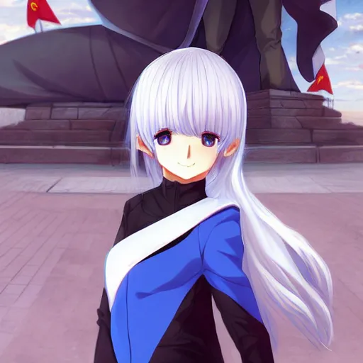 Prompt: aristocratic platinum - blonde - haired hime - cut blue - eyed princess wearing white leggings and black jacket, standing next to communist monument, anime, hd anime wallpaper, drawn by artgerm