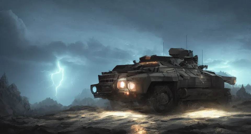 Image similar to an image of an armored vehicle in the night on a mountain with blue headlights on by Paul Chadeisson, atmospherical, heavy storm, lightnings, concept art, high detail, intimidating, cinematic, Artstation trending, octane render