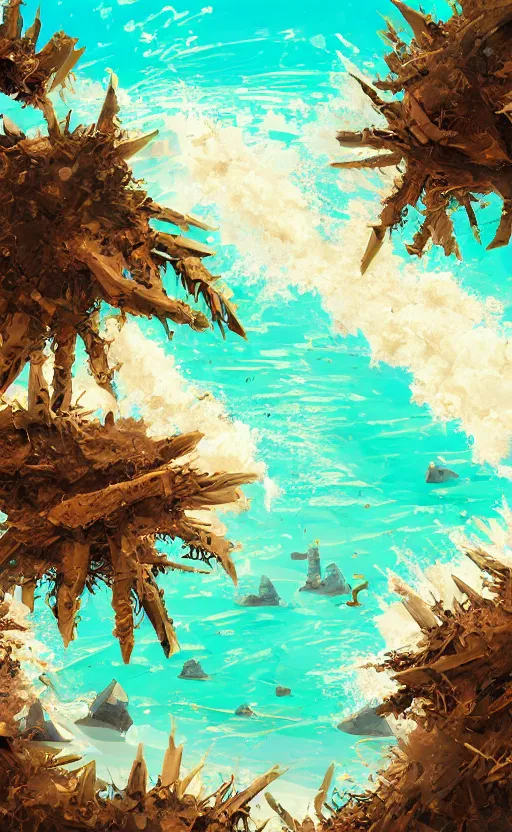 Prompt: casual game art dirty poluted beach with sargassum invasion, disguisting, artstyle with soft and hard round brush, digital art, game art, 2D art, mobile game, google store, low contrast, intricate, highly detailed, dirt, sand, peninsula