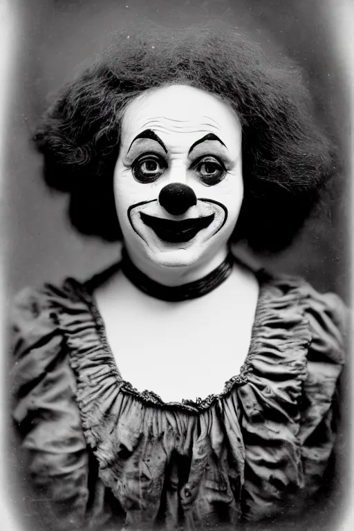 Prompt: old realistic photo of face of a female clown, photograph, early 1 9 0 0's, black and whitehighly detailed, matte, sharp focus, smooth, sharp focus, illustration