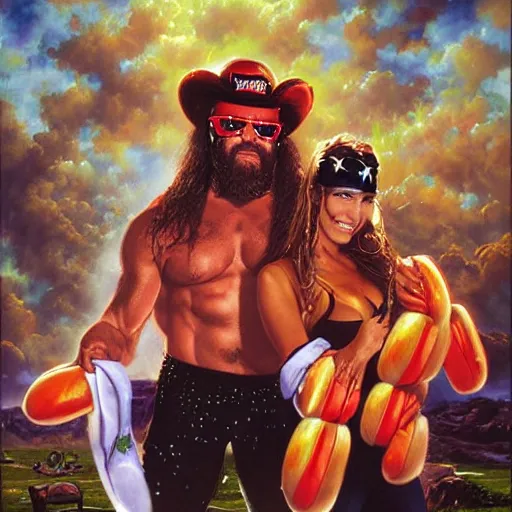 Image similar to portrait of wwf macho man randy savage and wcw sting sharing hotdogs, an oil painting by ross tran and thomas kincade