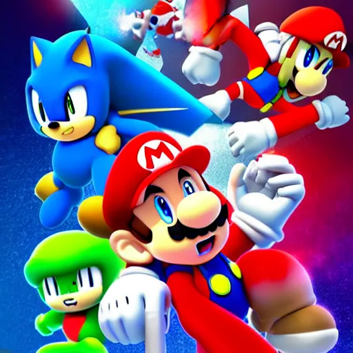 Image similar to super mario, kirby, sonic the hedgehog, super smash bros, star wars themed movie poster high detail accurate eyes and good gesture poses, pokemon anime cartoon style