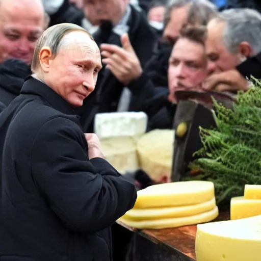 Image similar to close up of vladimir putin visiting a cheese market