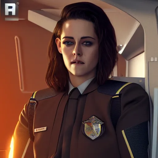 Prompt: Render of Kristen Stewart as Honor Harrington wearing an officer's uniform, cute 3d, long brown hair, brown eyes, soft smile, golden hour, aboard a starship, medium shot, mid-shot, trending on Artstation, Unreal Engine 4k