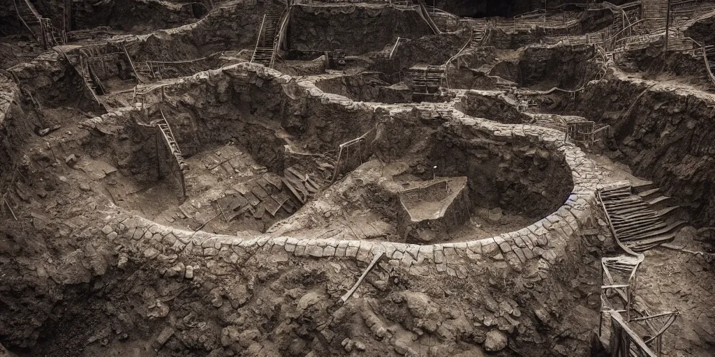 Image similar to very a deep mining pit, houses are carved into the sidewalls, long winding stairs going down, 8 k, shallow depth of field, moody lighting, ultra high detail, concept art,