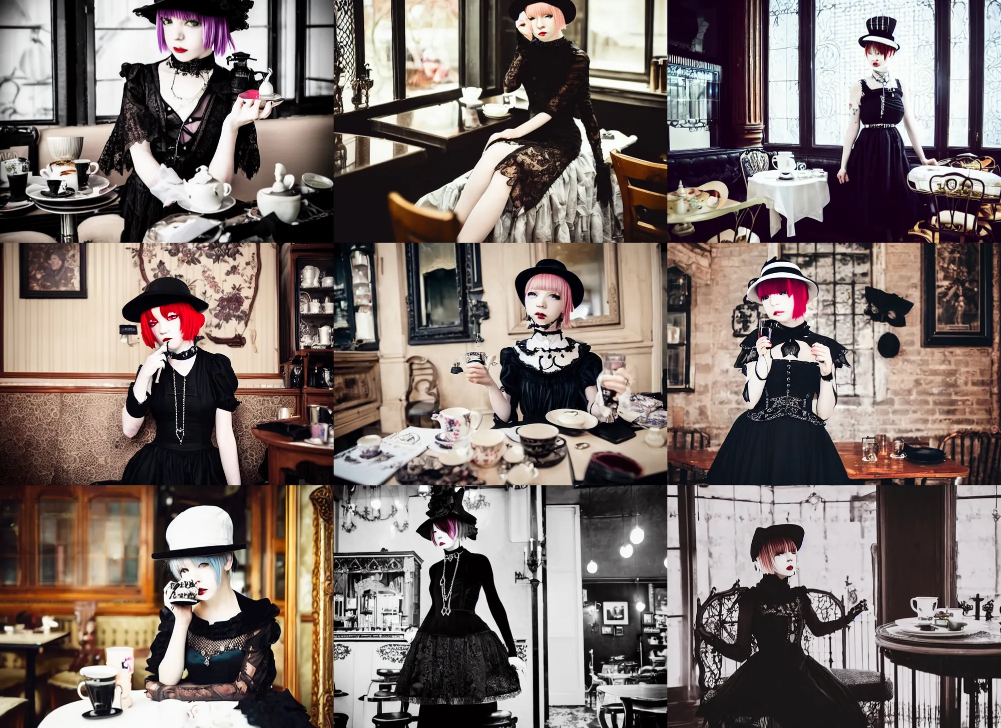 Prompt: full body portrait photo of reol wearing a elegant gothic dress, open top, wearing a chocker and cute hat, drinking tea in a busy victorian cafe interior, moody, intricate and detailed, dark, lomography