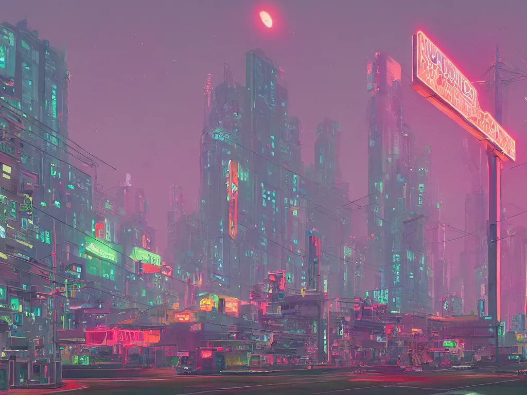 Image similar to tall futuristic buildings, billboards and neonsigns by Yusei Uesugi and Simon Stålenhag