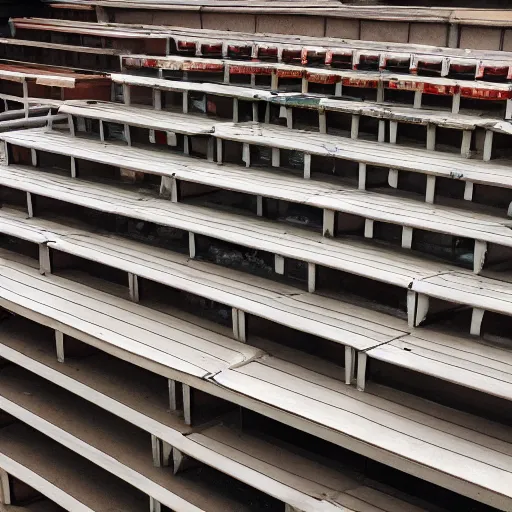 Image similar to a set of bleachers, with bottles of bleach stacked neatly on the benches