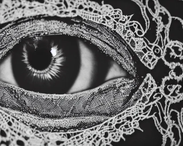 Image similar to extreme close up of a woman's eye, made of intricate decorative lace leaf skeleton, in the style of the dutch masters and gregory crewdson, dark and moody